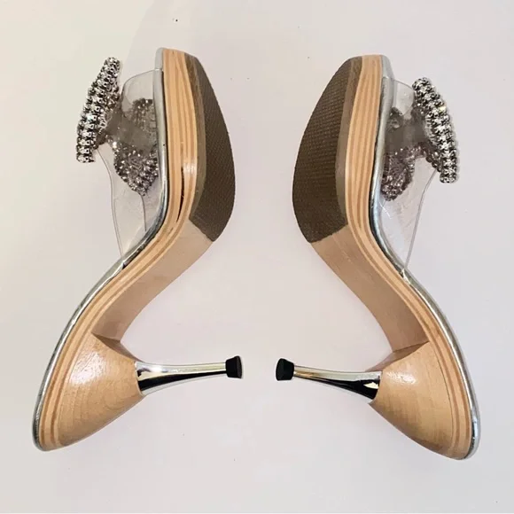 Vintage Betsey Johnson Polly Mules Rhinestone Bow Wood Heel Pin Up - Picture 9 of 14